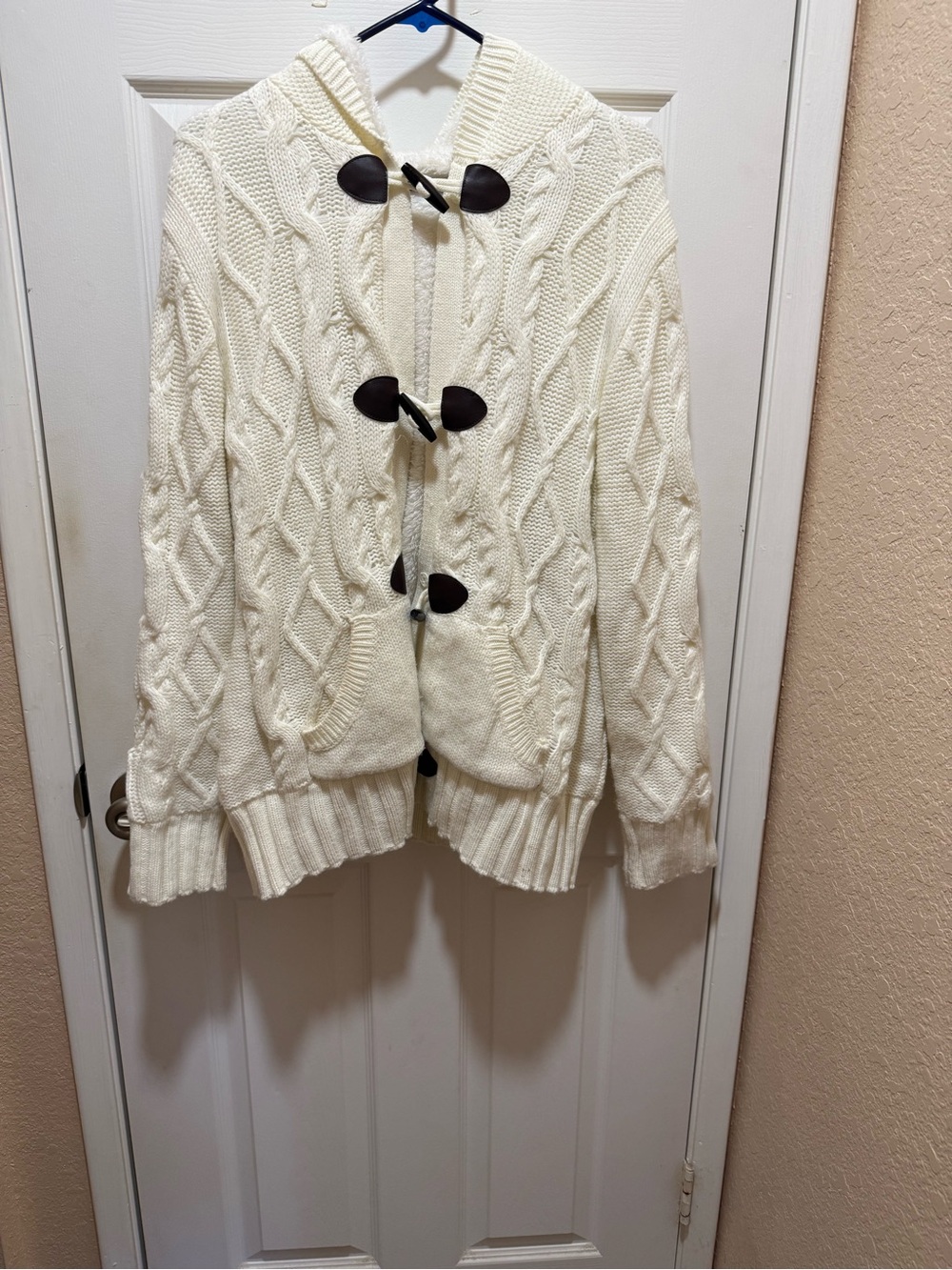Cream Cable-Knit Hooded Cardigan with Toggle Closures